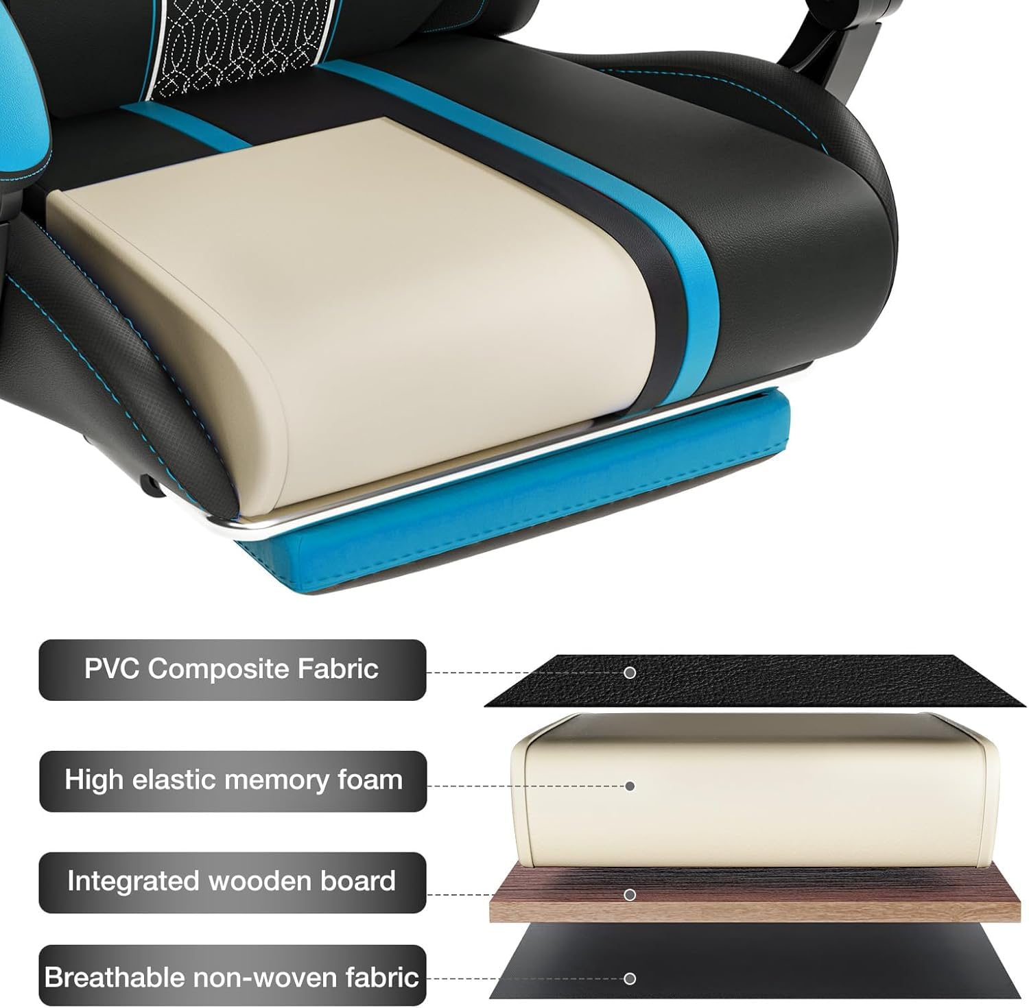 HOFFREE Ergonomic Gaming Chair with Massage & Footrest - Heavy Duty 400lbs Capacity Big and Tall Reclining Computer Chair for Adults - Blue & Black - Perfect for Long Gaming Sessions, Office Work & Home Entertainment