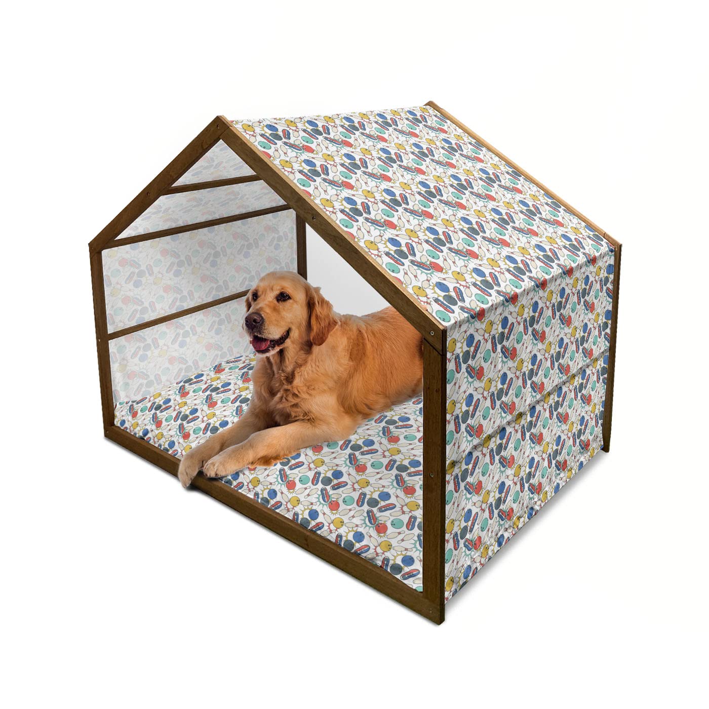 Ambesonne Retro Bowling Themed Wooden Dog House - Colorful Doodle Design with Notebook Sheet Backdrop, Ball Pins & Shoes - Indoor/Outdoor Portable Pet Kennel with Pillow & Cover - 2X-Large Size for Large Dogs - Perfect for Backyard, Patio or Home Decor