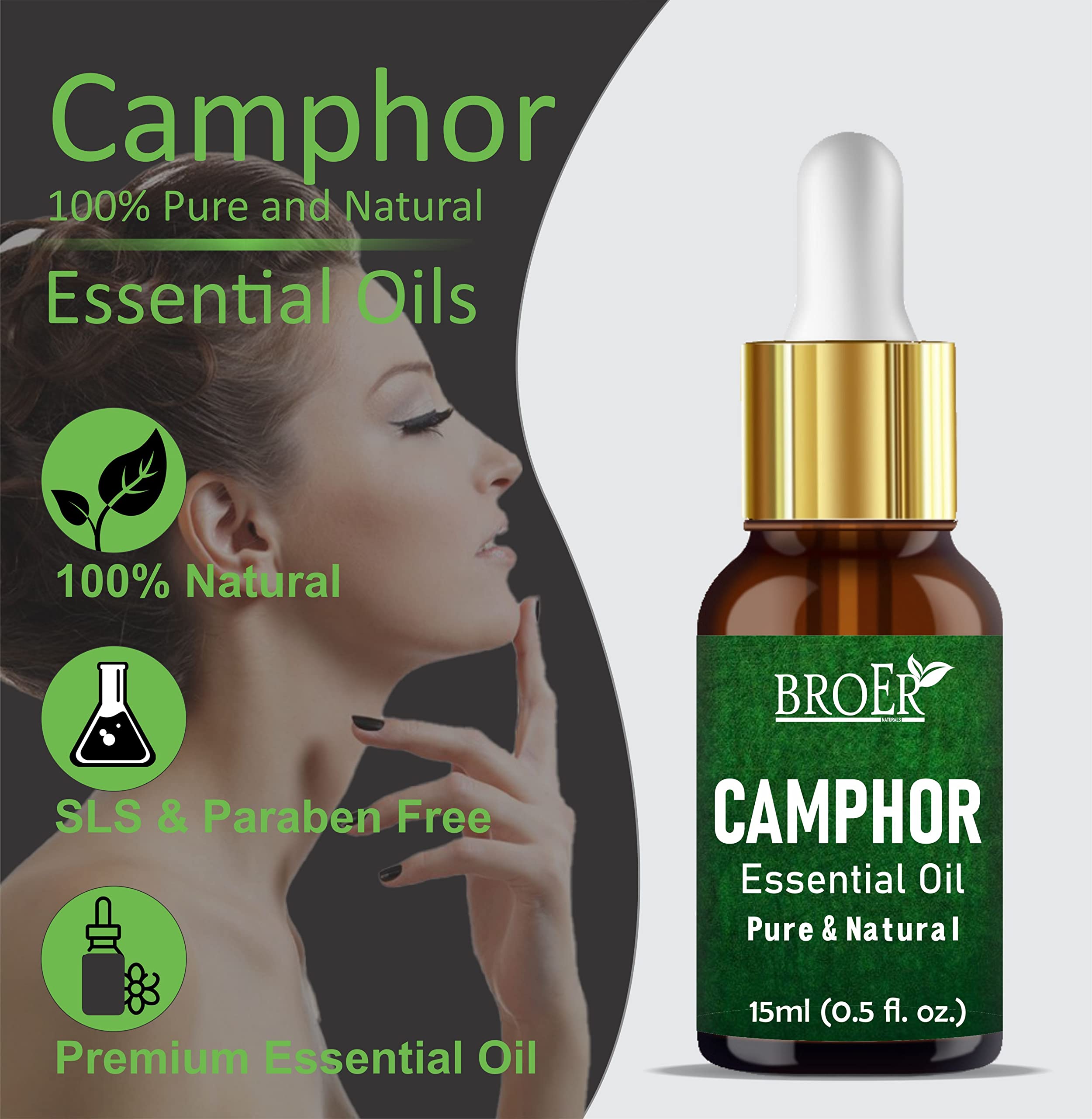 BROER Naturals 100% Pure Camphor Essential Oil - Undiluted Therapeutic Grade for Skin Care, Hair Growth & Aromatherapy | Vegan, Cruelty-Free | 15ml | Perfect for Massage, Diffuser & DIY Beauty Products
