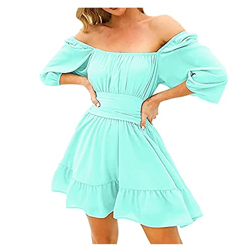 Elegant Women's Backless Square Neck Ruffle Midi Dress with Lantern Sleeves - A-Line Cocktail Party Dress in Green (XL) | Perfect for Weddings, Date Nights & Special Occasions