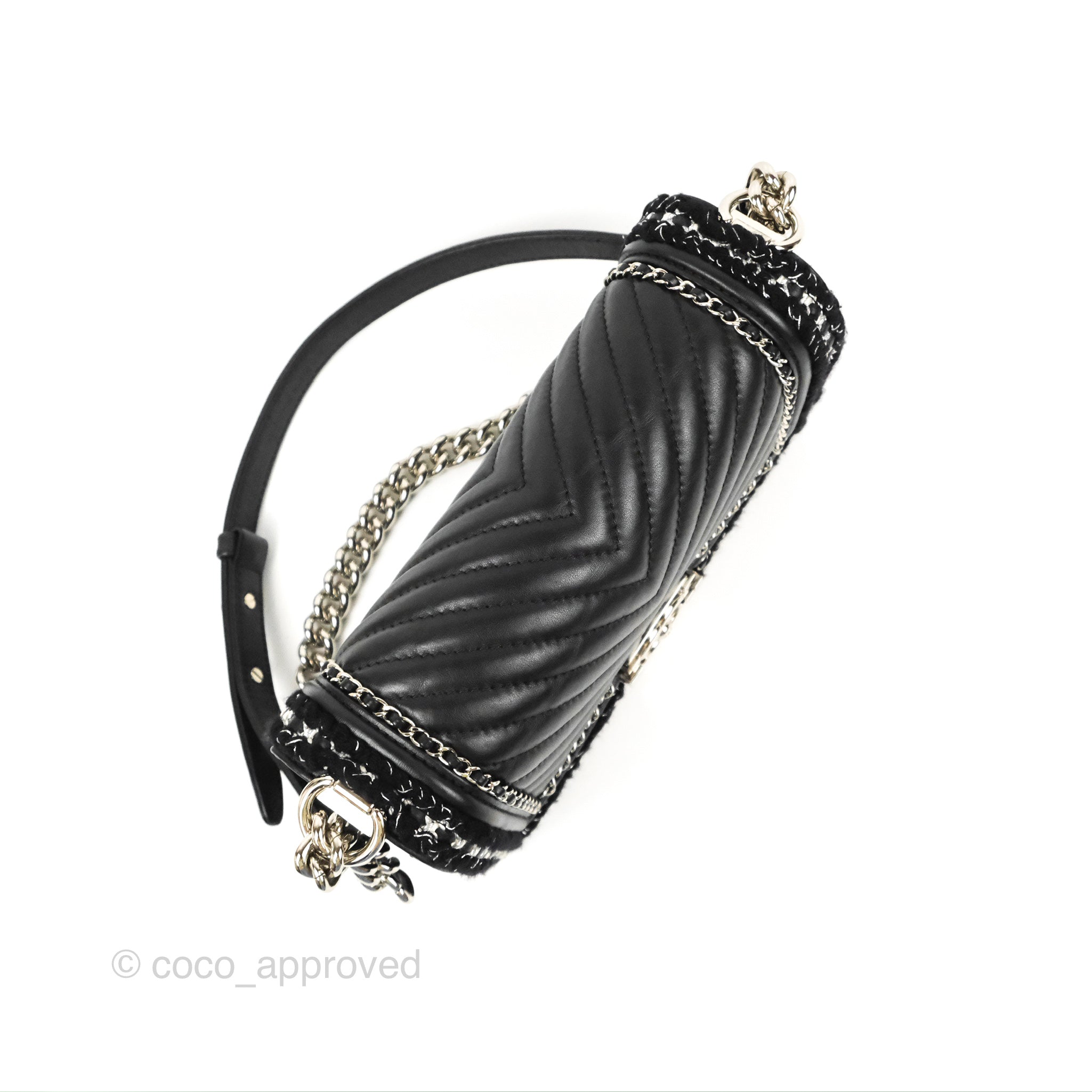 Chanel Chevron Braid Around Chain Boy Bag - Black Calfskin Leather with Silver Hardware | Luxury Crossbody Bag for Women, Perfect for Date Night & Evening Events