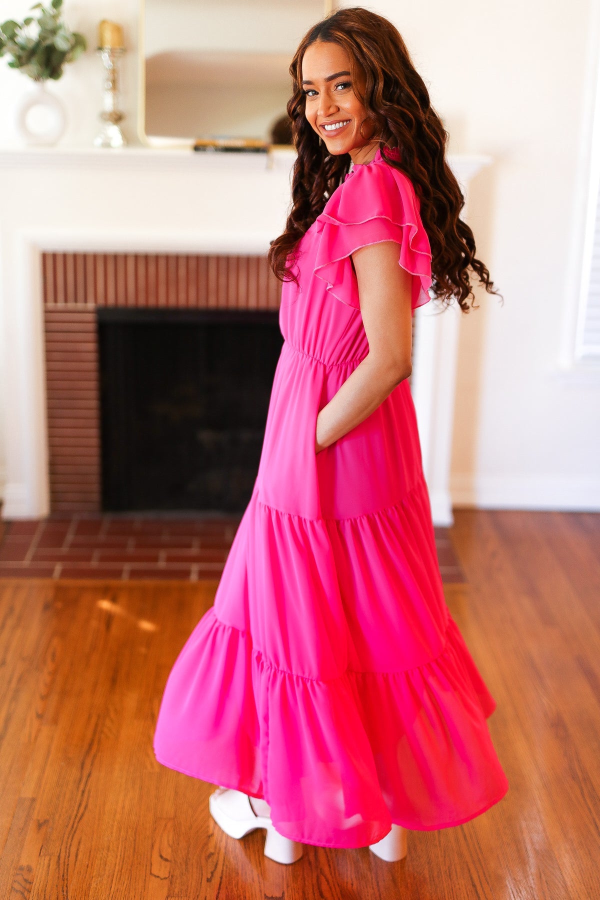 Haptics Perfectly You Hot Pink Mock Neck Tiered Chiffon Maxi Dress for Women - Elegant Formal & Party Wear, Wedding Guest Outfit, Evening Gown