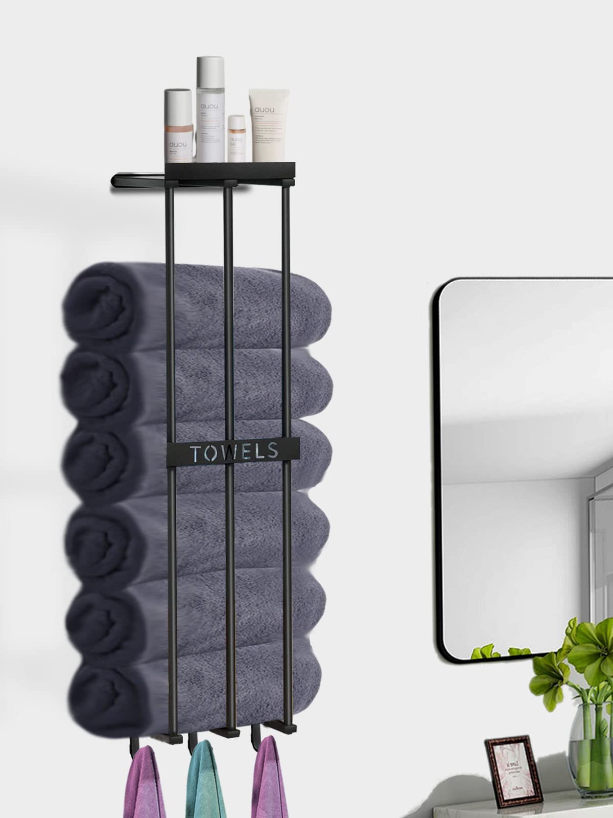 Stainless Steel Wall Mounted Towel Rack with Storage Shelf & 3 Hooks - Space Saving Bathroom Organizer for Rolled/Folded Towels & Washcloths - Perfect for Small Bathrooms, Spa, Gym & Laundry Room Organization