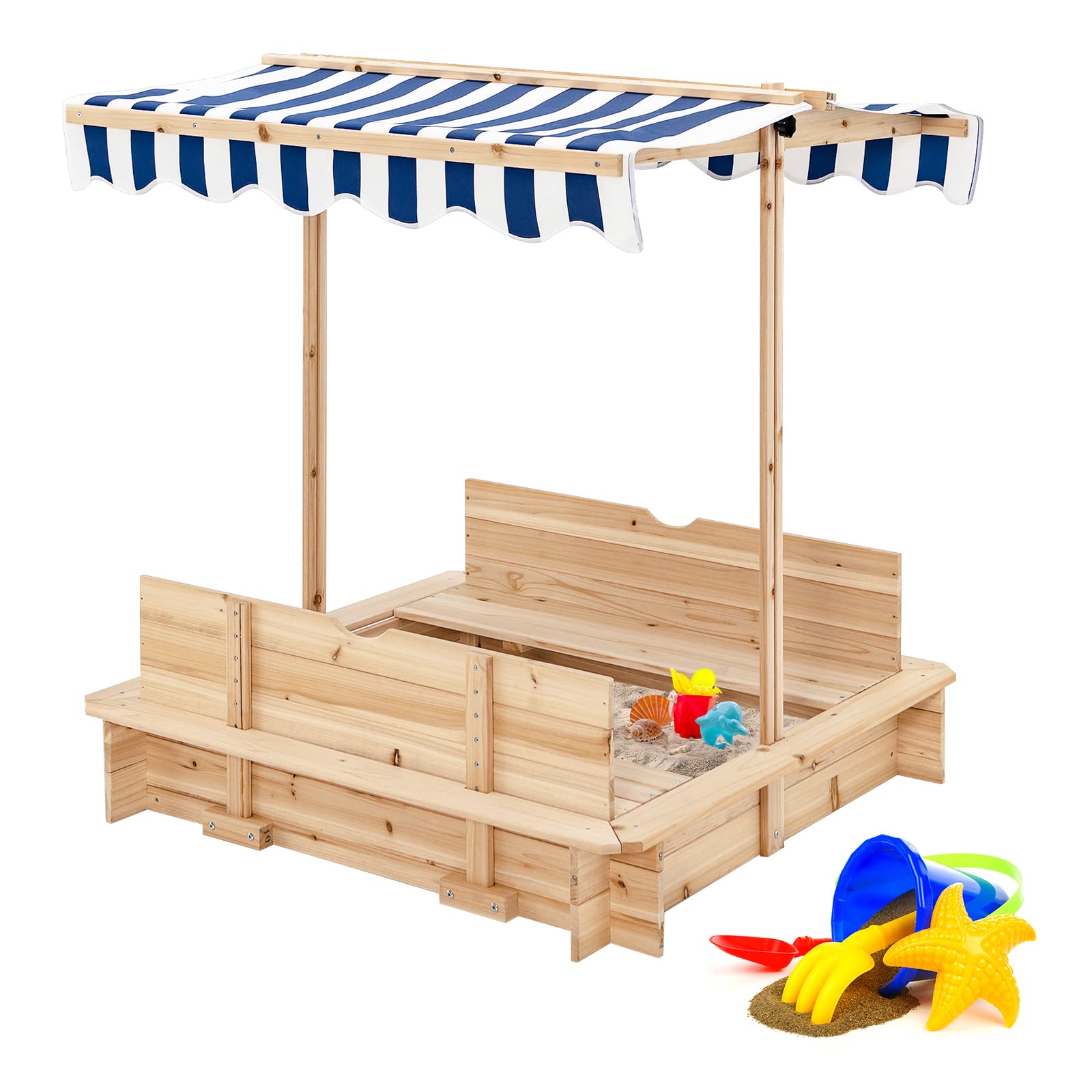 Costzon Kids Wooden Sandbox with Convertible Canopy - Cedar Square Cabana Sandbox with Cover & 2 Bench Seats w/Backrest | Outdoor Playset Sandpit for Toddlers & Children | Perfect for Backyard, Garden, Beach & Outdoor Play Areas