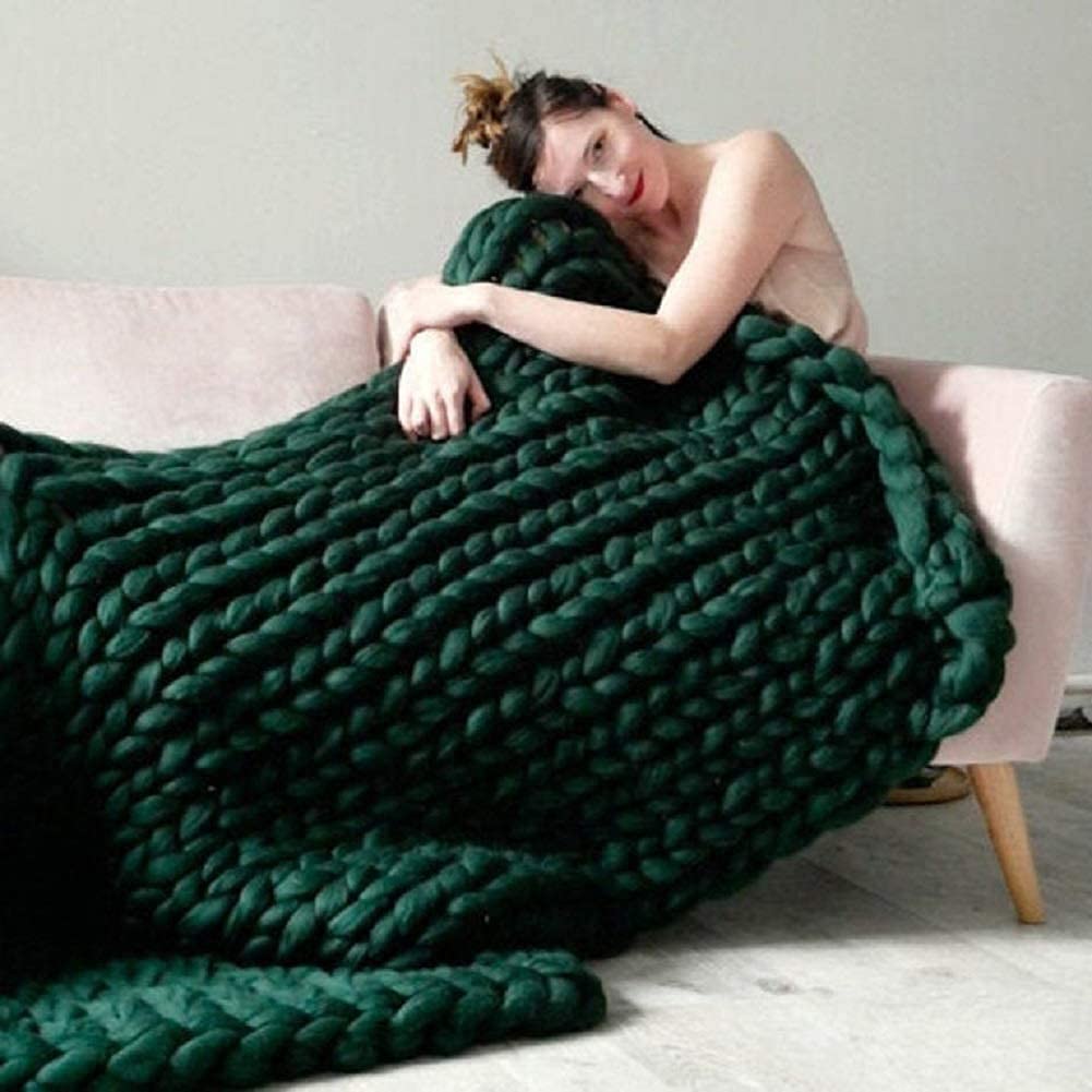 Chunky Merino Wool Blanket - Dark Green Soft Handmade Throw for Bed, Sofa & Nursery Decor