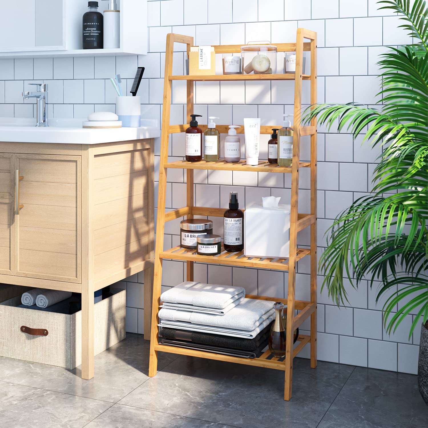 4-Tier Bamboo Bookcase - Multifunctional Bathroom Ladder Shelf, Plant Stand & Storage Organizer | Natural Wood Display Shelf for Books, Plants & Home Decor | Perfect for Living Room, Bedroom & Bathroom Organization