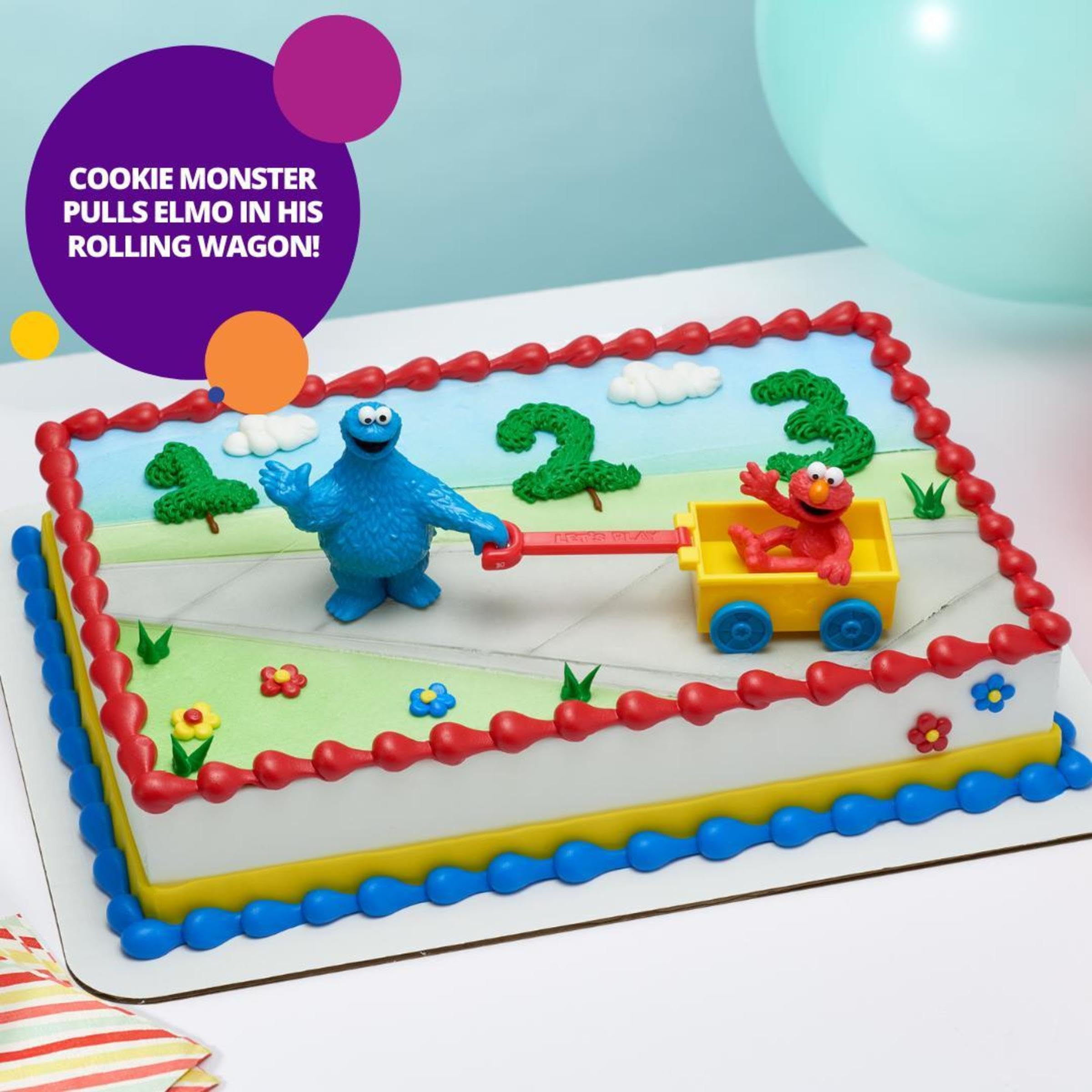 DecoSet Sesame Street Let's Play Cake Topper - 2-Piece Cookie Monster & Elmo Birthday Cake Decorations with Free-Wheeling Wagon | Food Safe, Ready to Use | Perfect for Kids' Birthday Parties, Baby Showers & Themed Celebrations