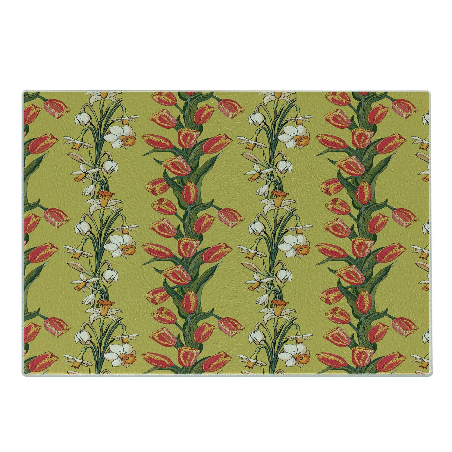 Ambesonne Floral Cutting Board - Tulips & Daffodils Leafy Botanical Design, Decorative Tempered Glass Serving Board, Small Size in Khaki, Dark Coral, Olive Green & Orange - Perfect for Kitchen Prep, Charcuterie Display & Home Decor