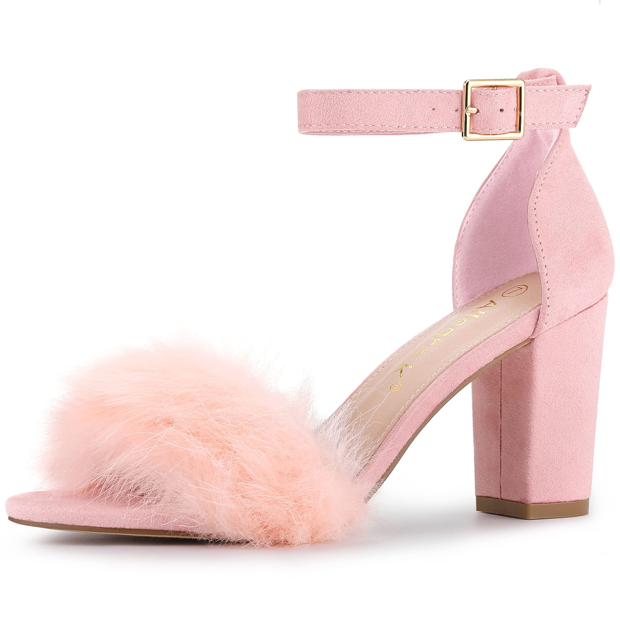 Allegra K Women's Faux Fur Ankle Strap Block Heel Sandals - Comfortable Dressy Shoes for Parties, Weddings & Evening Events