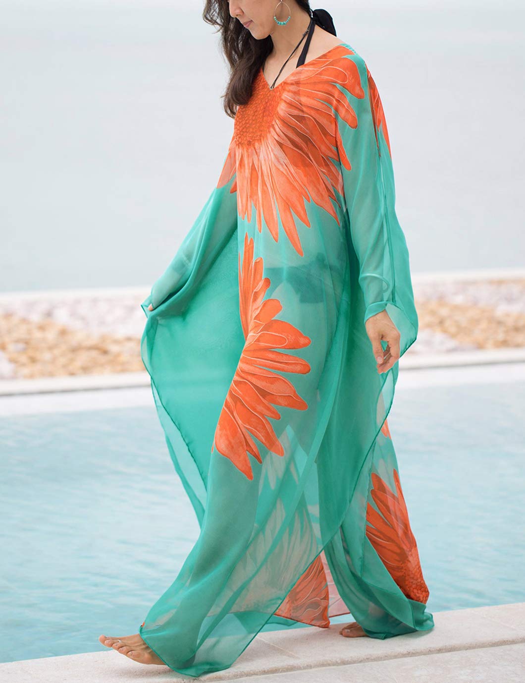 Eddoyee Women's Chiffon Loose Kaftan Dress - Beach Cover Up, Swimsuit Cover, Summer Boho Maxi Dress for Vacation, Pool Party, and Casual Outings
