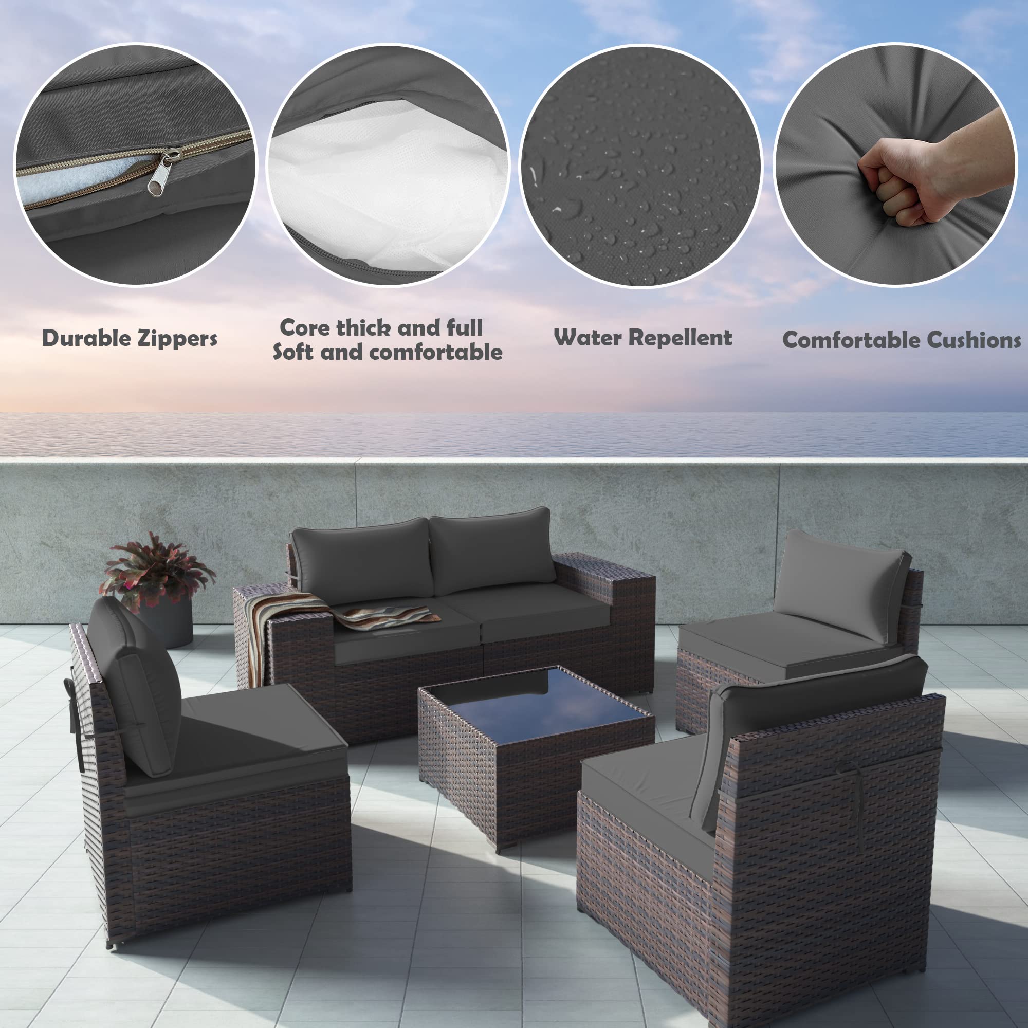 Gotland 6-Piece Patio Furniture Set - All-Weather PE Rattan Outdoor Sectional Sofa with Replaceable Grey Waterproof Cushions & Coffee Table - Perfect for Backyard, Garden, Poolside & Outdoor Relaxation