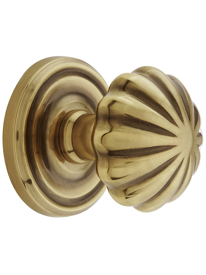 Vintage Rosette Door Set with Fluted Brass Knobs - Antique Brass Privacy Door Hardware for Bedroom, Bathroom & Closet Doors