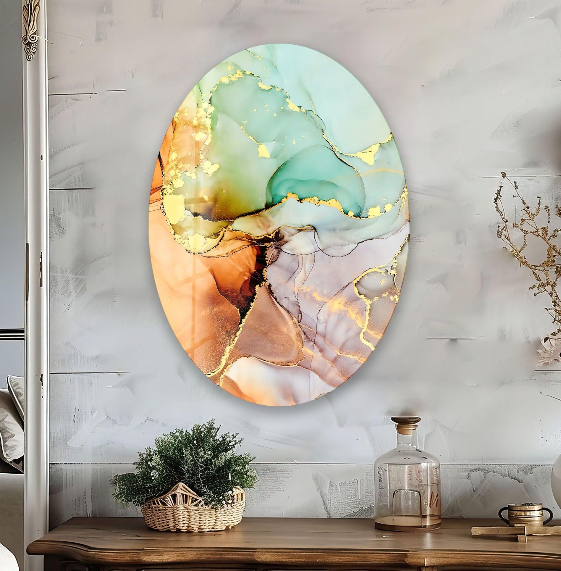 Abstract Golden Marble Glass Wall Art - Modern Asymmetric Oval Design for Living Room, Bedroom & Office Decor | Handmade Contemporary Home Wall Decor