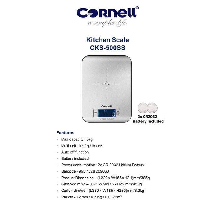 **Cornell Digital Kitchen Scale - 5kg Precision Weighing Scale (CKS500SS/CKS500RGS) for Baking, Cooking & Portion Control**
