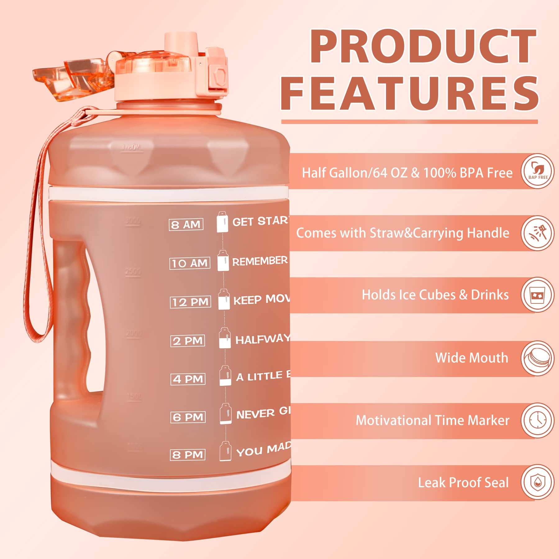ZOMAKE 64oz/128oz Motivational Water Bottle with Straw & Time Marker - BPA Free, Leakproof Large Gallon Jug for Gym, Hiking & Daily Hydration - Stay Hydrated All Day
