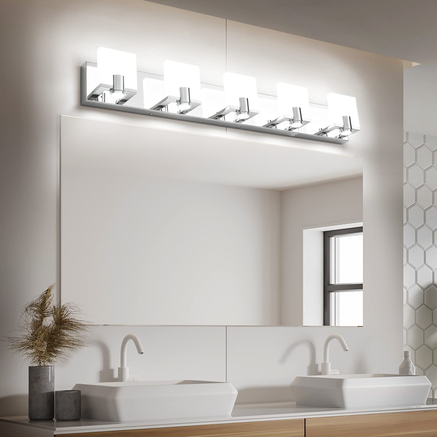 Dimmable LED Bathroom Vanity Lighting - Modern 5-Light Fixture with Gloss Chrome Finish for Mirror Illumination | Perfect for Master Bath, Powder Room & Spa-Style Decor