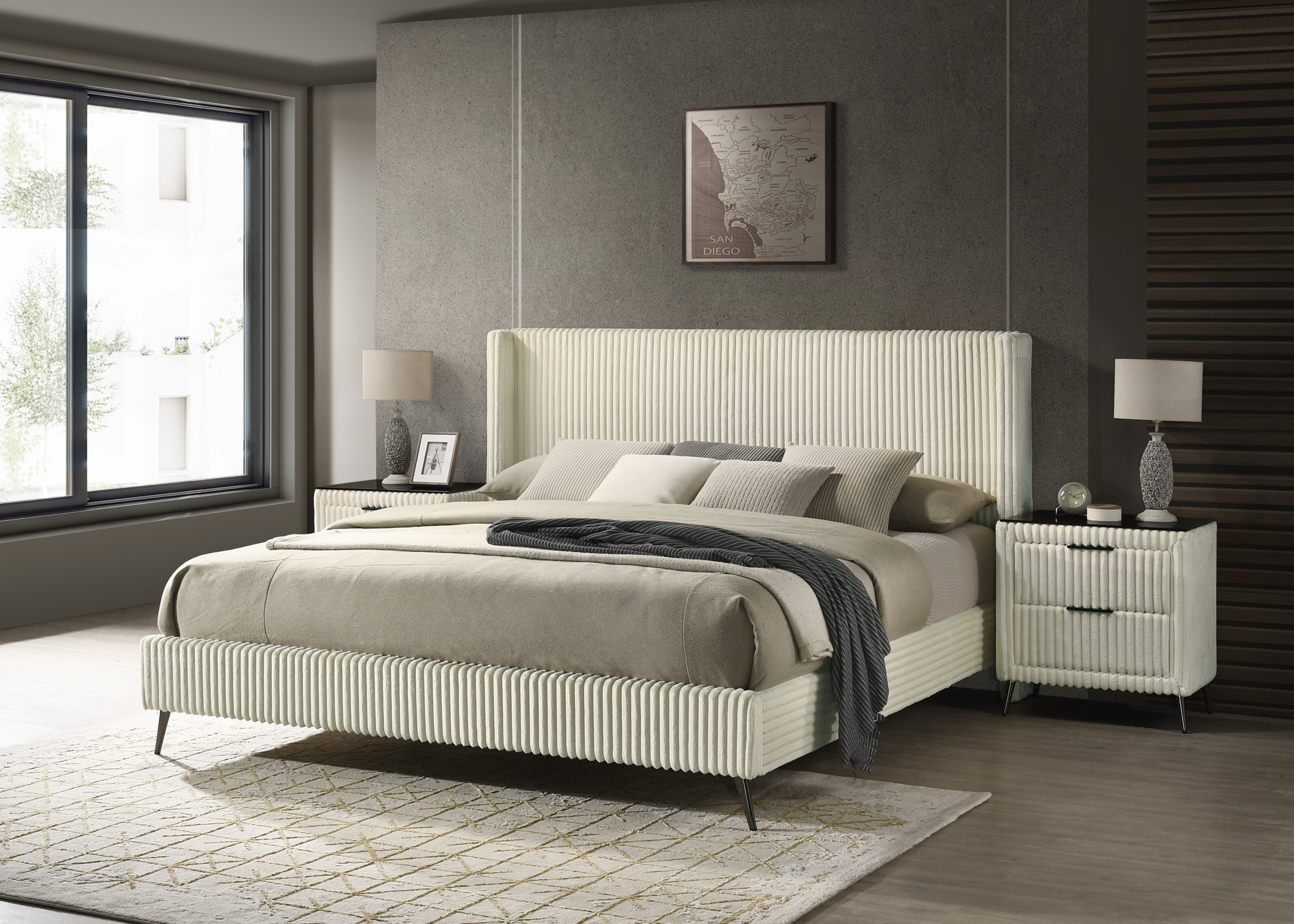 Roundhill Furniture Mavela Wide Wale Corduroy Upholstered Panel Bed with 2 Nightstands - Luxurious Bedroom Set for Modern Home Decor & Cozy Sleeping Experience