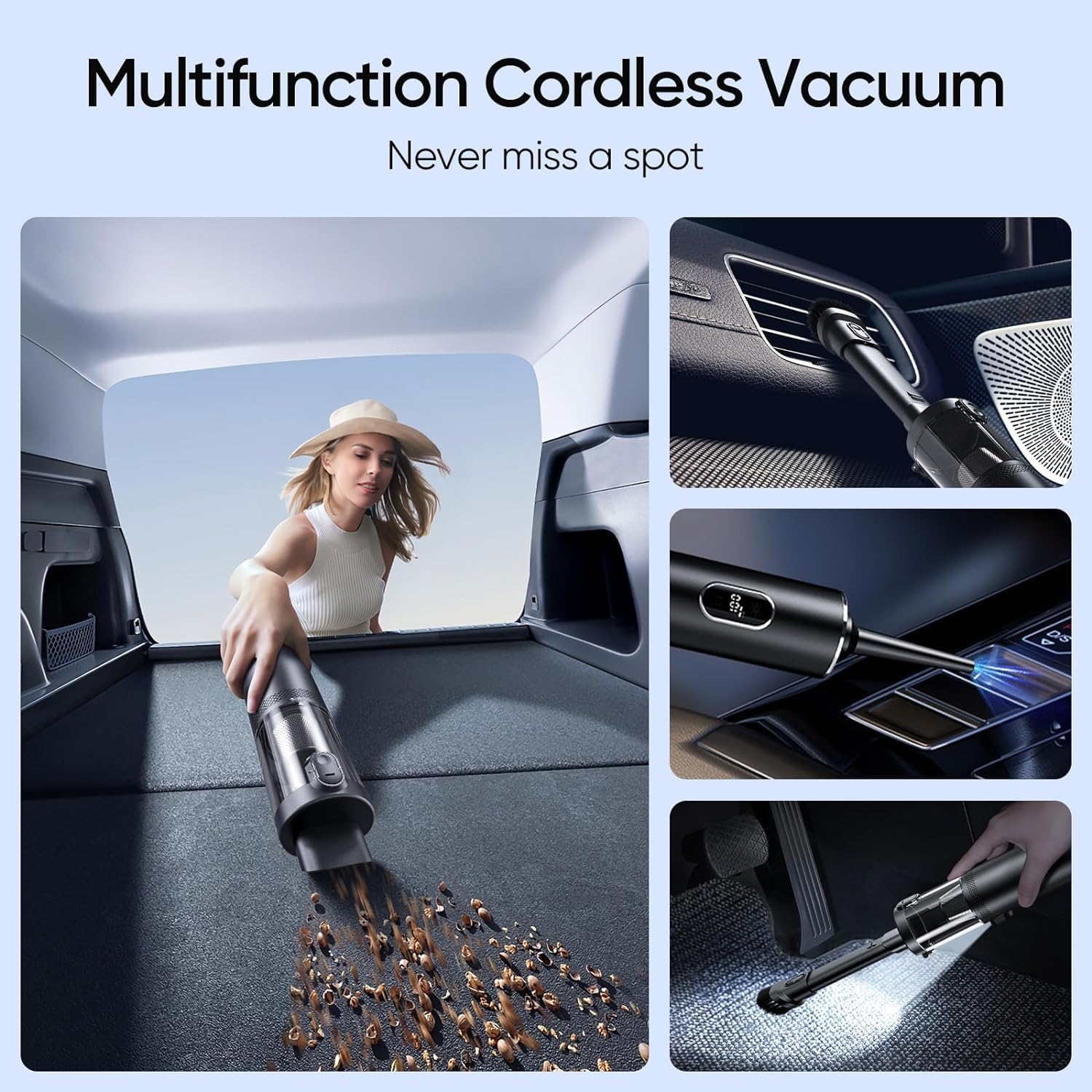 15000Pa High Power Cordless Handheld Car Vacuum Cleaner with LED Display - 2 Speed Modes, 30 Min Runtime, 150ml Dust Cup - 4-in-1 Portable Mini Vacuum for Car Detailing, Home Cleaning & Office Use - Perfect for Upholstery, Pet Hair, Crumbs & Small Spaces