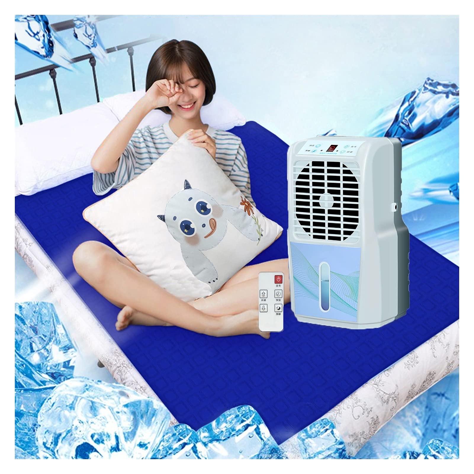 Mattress Cooler Pad with Air-Conditioning Fan & Water Cooling System - Portable Bed Cooling Pad for Hot Sleepers, Outdoor Camping & Home Use - Compatible with Mobile Power (Double Size, Blue)