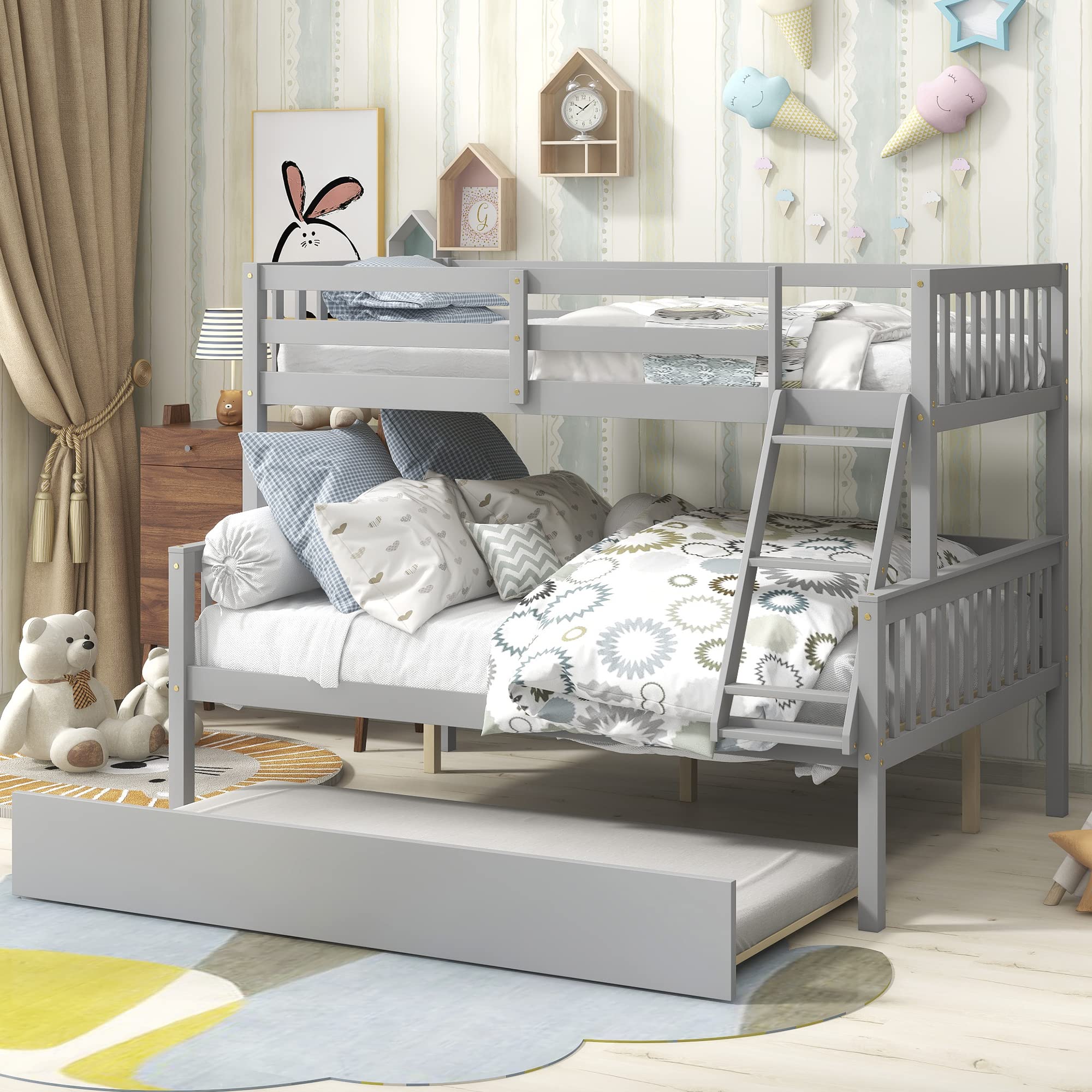 Convertible Twin Over Full Bunk Bed with Trundle - Solid Wood Frame for Kids & Adults - Space Saving for Small Rooms