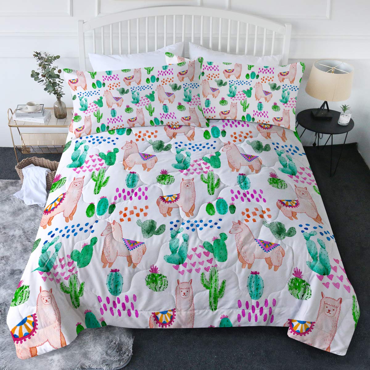 BlessLiving 3 Piece Llama Cactus Comforter Set - Full/Queen Size Reversible Bedding with 3D Printed Pastel Animal Designs, Includes Pillow Shams - Ultra Soft & Machine Washable - Perfect for Kids' Rooms, Dorm Decor or Boho Chic Bedroom Style