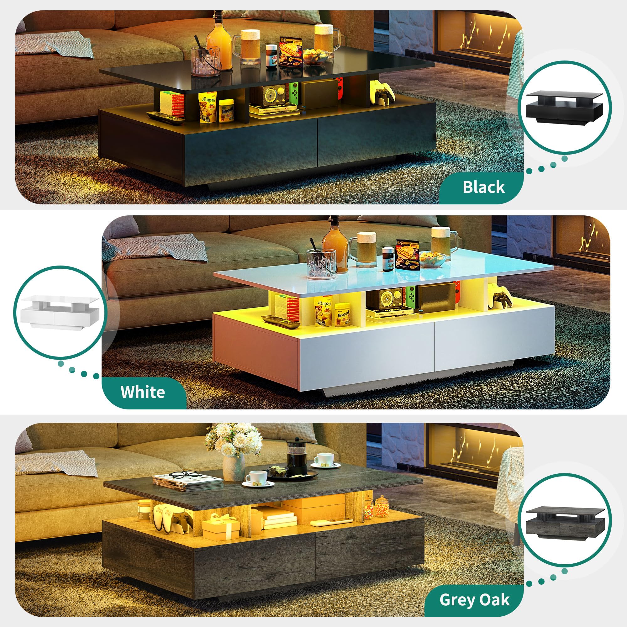 YITAHOME Lift Top Coffee Table with Storage - Modern Rectangular Living Room Coffee Table with 4 Spacious Drawers & LED Lights in Grey | Perfect for Small Spaces, Home Office, and Apartment Living