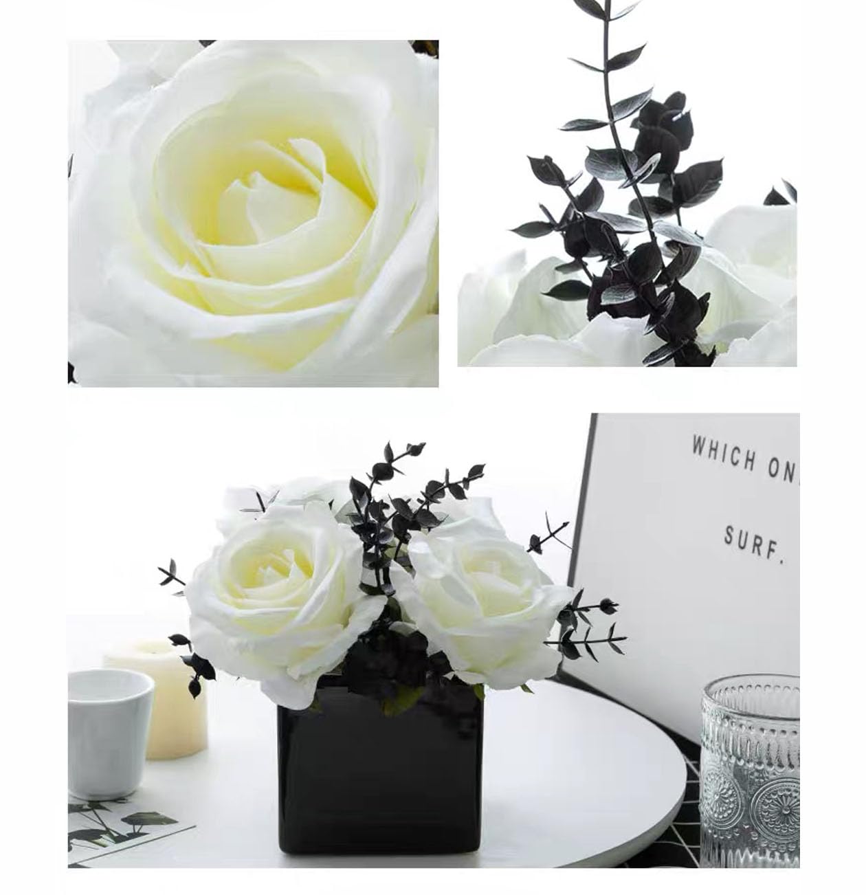 LADADA Artificial Roses in Small Ceramic Vases - White Plastic Flowers for Home, Office & Wedding Decor - Perfect for Table Centerpieces and Interior Design