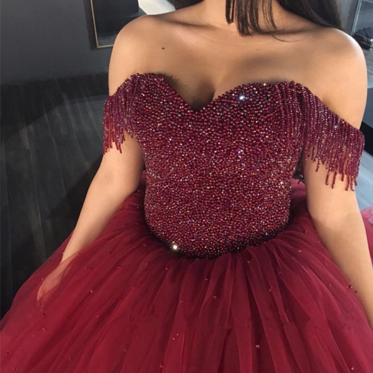 Elegant Burgundy Wedding Dresses - Off Shoulder Ball Gown with Tassel Details for Brides, Prom, Evening Gala & Special Occasions