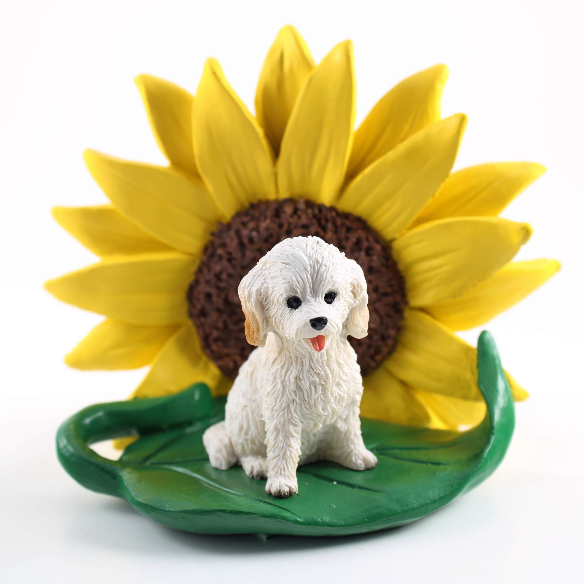 Realistic Hand Painted Cockapoo White Figurine with Sunflower - Cute Dog Statue Gift for Home Decor, Office Desk, Nursery | Perfect for Spring Showers, Summer Decor & Pet Lover Presents