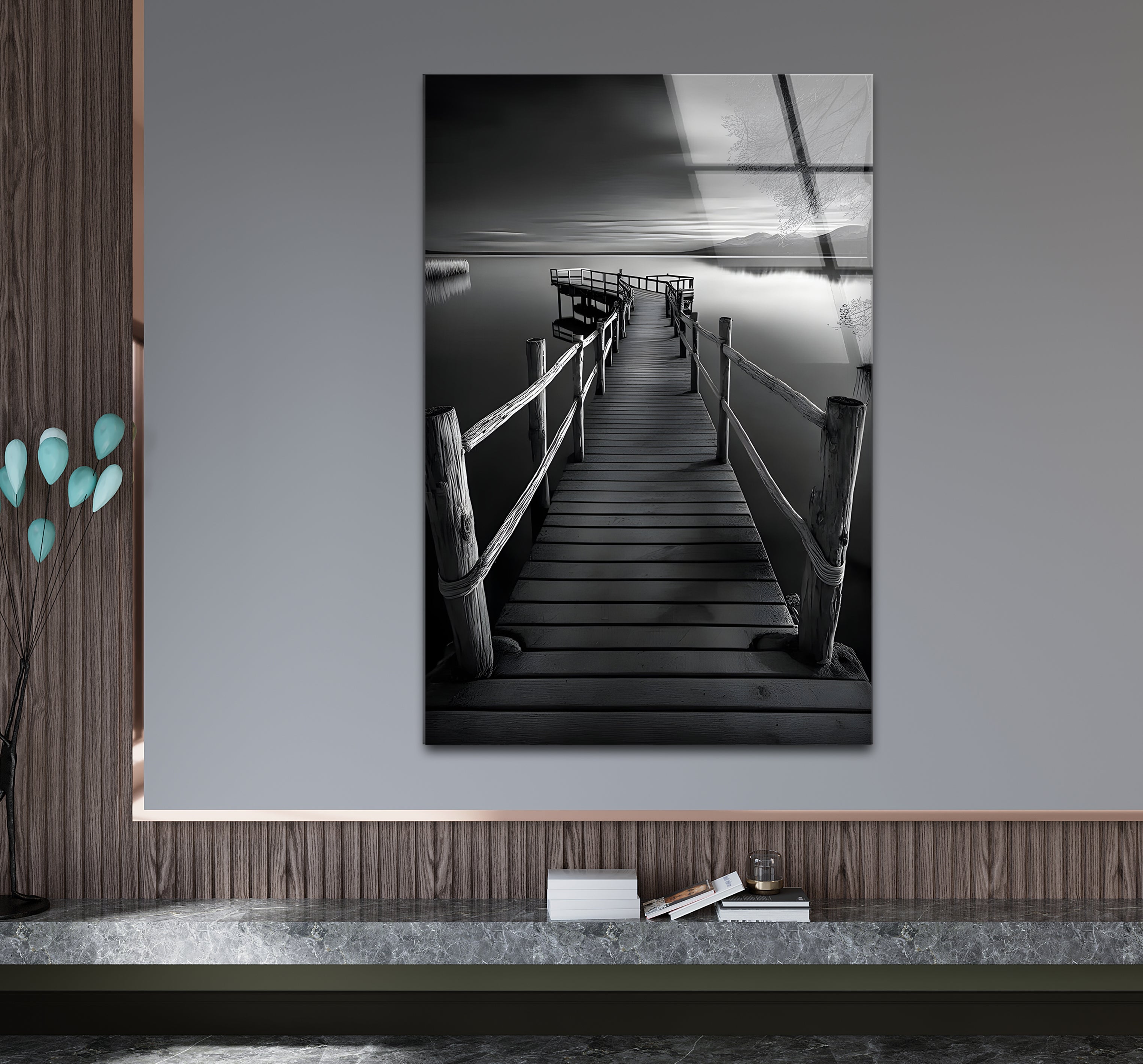 Black and White Dock Landscape Glass Wall Art - Modern Framed Home Decor for Living Room, Bedroom, Office | Coastal Nautical Theme
