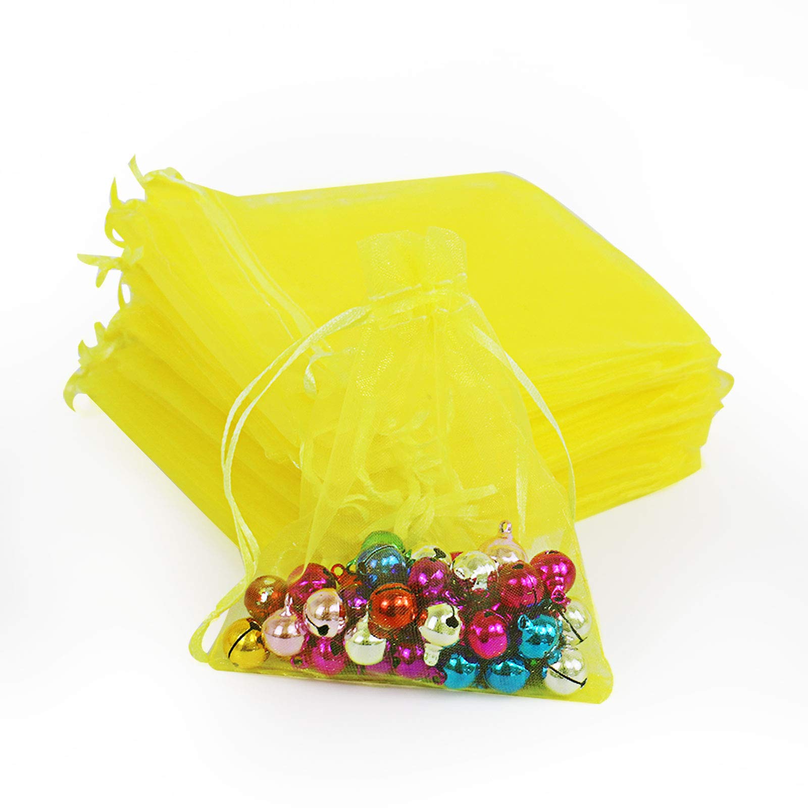 100Pcs 5x7 Inch Yellow Organza Drawstring Gift Bags for Christmas, Wedding Favors, Party Decorations & Jewelry Packaging - Premium Mesh Favor Pouches by Lautechco