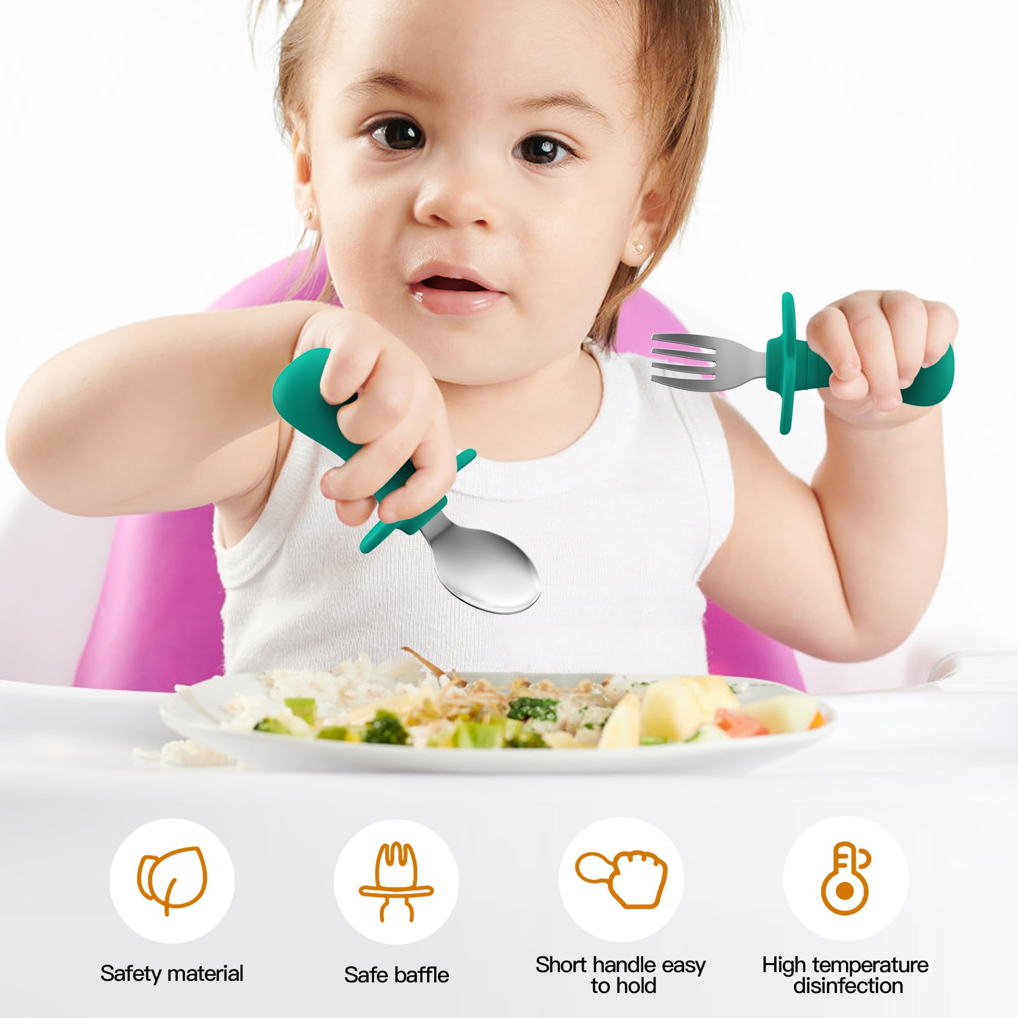 2-Piece Stainless Steel Toddler Utensil Set - BPA-Free Kids Forks & Spoons with Round Handle & Anti-Choke Design | Safe Flatware for Babies & Toddlers | Perfect for Daycare, Travel & Home Mealtime (Green)