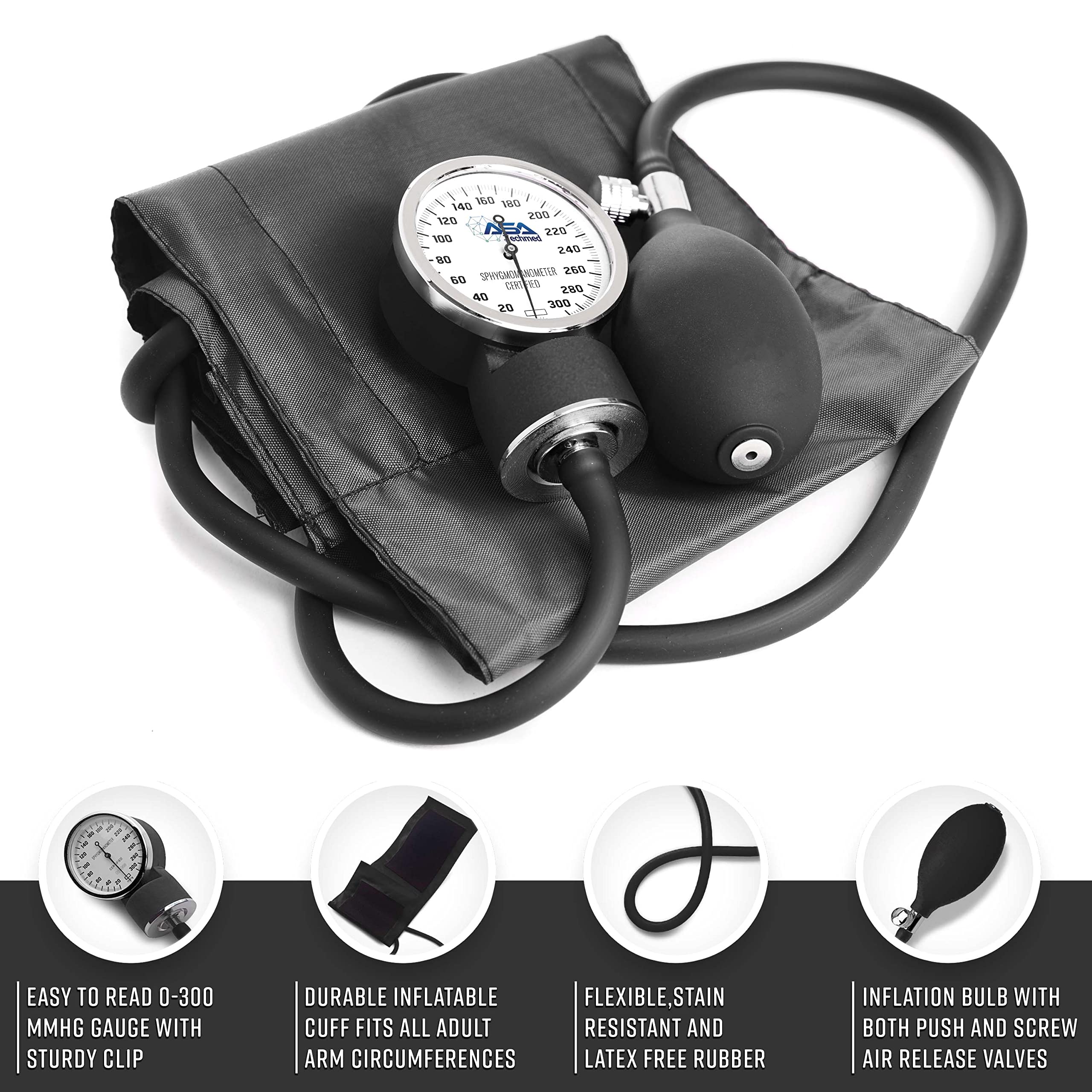 ASA TECHMED Professional Nurse Essentials Kit with Travel Case - Adult Aneroid Blood Pressure Monitor, Stethoscope & Diagnostic Otoscope (Black) | Ideal for Home Healthcare, Clinical Use & Medical Students
