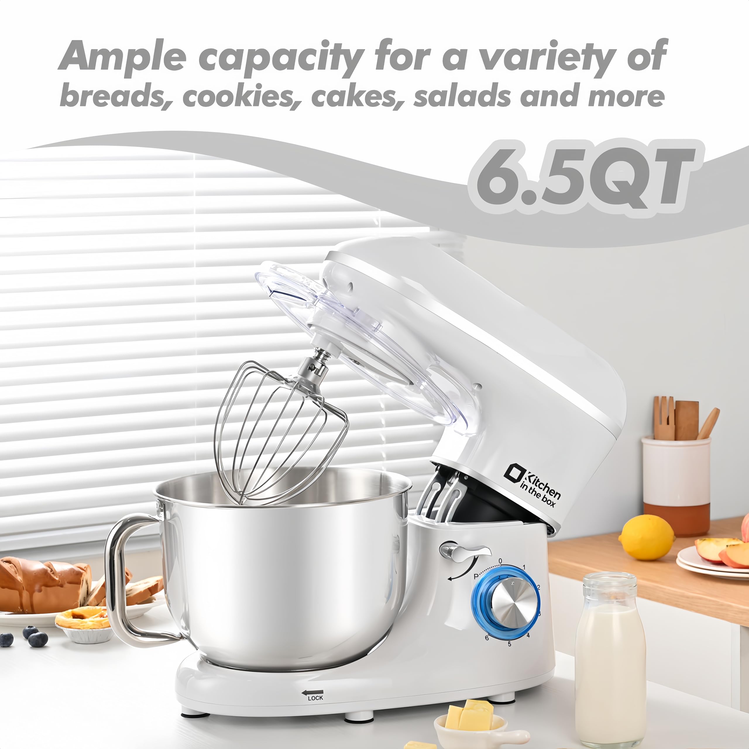 6.5QT 660W Stand Mixer - 6-Speed Tilt-Head Electric Kitchen Mixer with Dough Hook, Wire Whip & Beater - Dishwasher Safe (White) - Perfect for Baking Cakes, Cookies, Bread & More