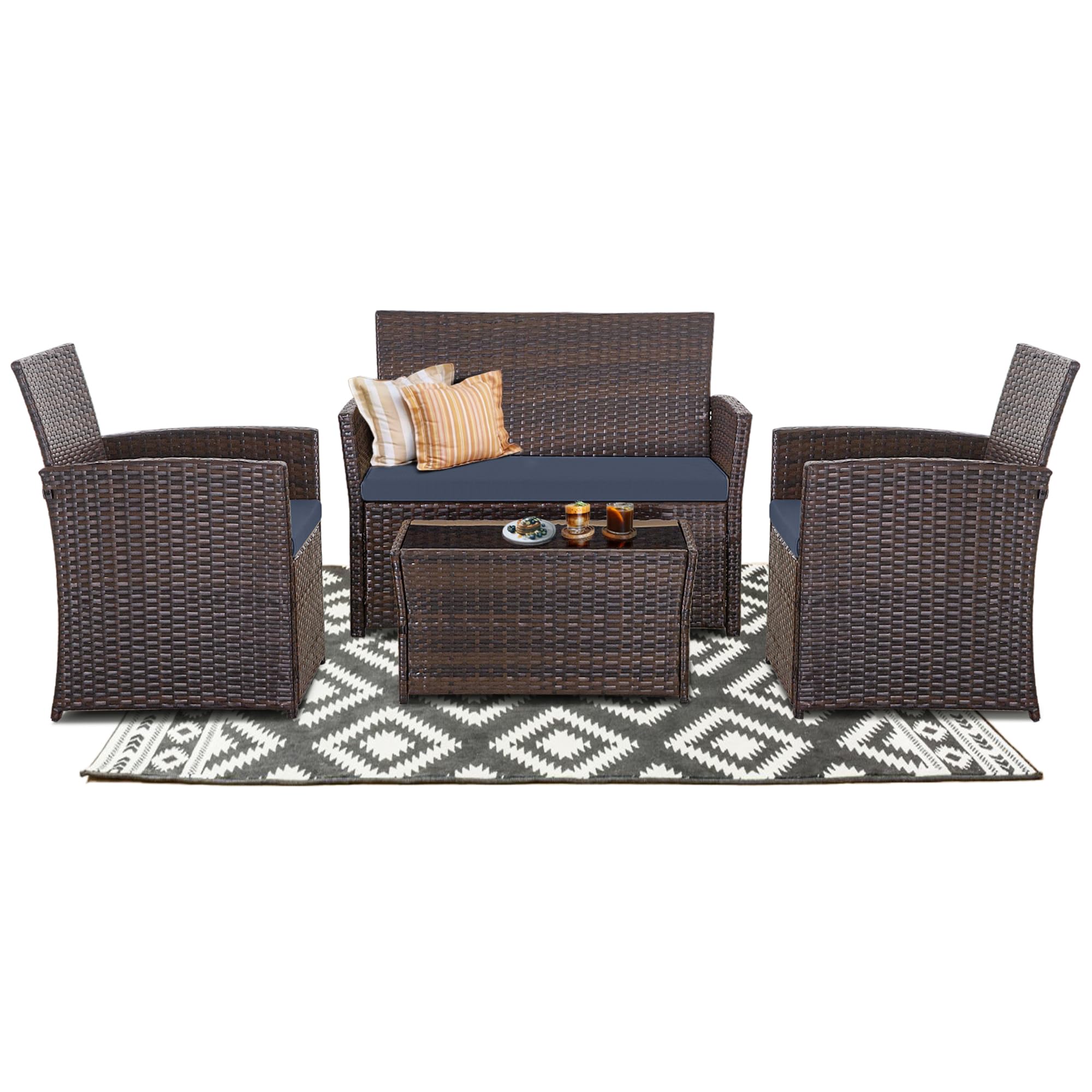 4-Piece Outdoor Patio Furniture Set - Wicker Rattan Sectional Sofa with Coffee Table & Cushions - Gray/Blue Conversation Set for Backyard, Porch, Garden, Poolside - Perfect for Relaxing & Entertaining Outdoors