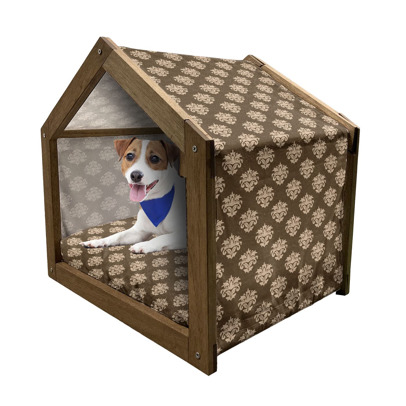 Ambesonne Vintage Floral Pet House - Portable Indoor & Outdoor Wooden Dog Kennel with Pillow Cover - Small Tan Brown Victorian Style for Home Garden Patio Use