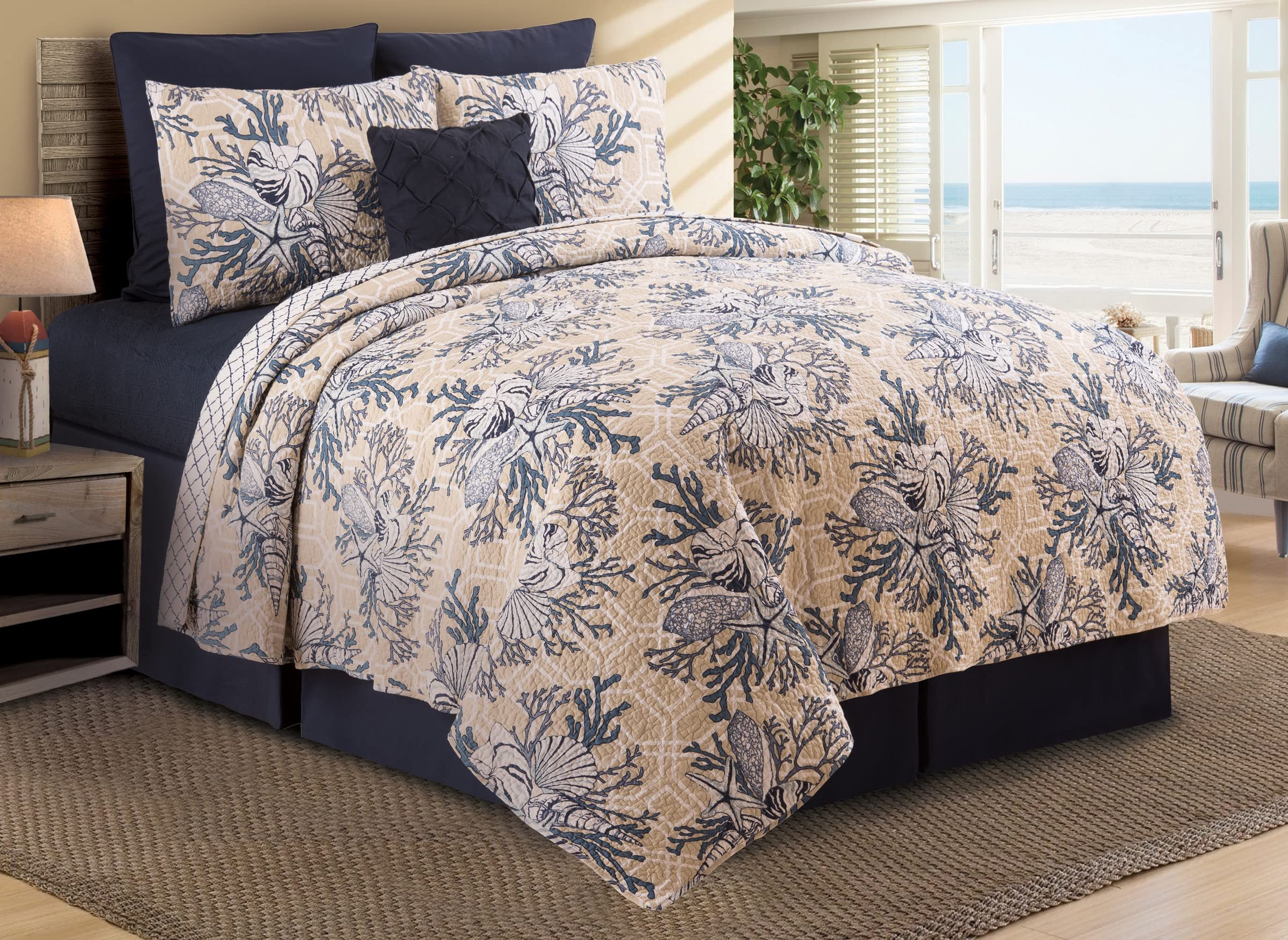 C&F Home Indigo Sound 3-Piece Quilt Set - Reversible Full/Queen Lightweight Bedspread, Coastal Ocean Blue Design, Machine Washable - Perfect for Summer, Beach House & Coastal Bedroom Decor
