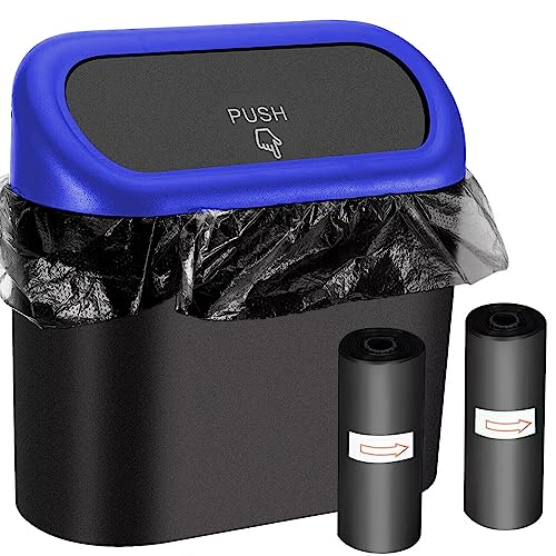 Leakproof Small Car Trash Can with Lid & 60 Trash Bags - Mini Vehicle Garbage Bin Organizer for Car, Office, Kitchen, Bedroom & Home - Perfect for Road Trips, Commuting & Daily Waste Disposal