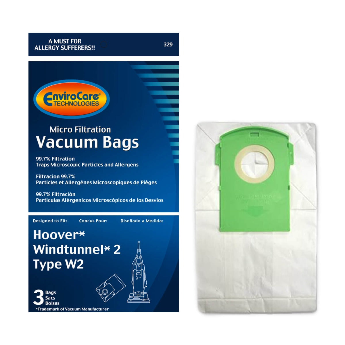 Hoover W2 Vacuum Bags by EnviroCare - 3 Pack | HEPA Filtration | Compatible with Hoover WindTunnel & Elite Models | Ideal for Pet Hair, Allergies & Home Cleaning