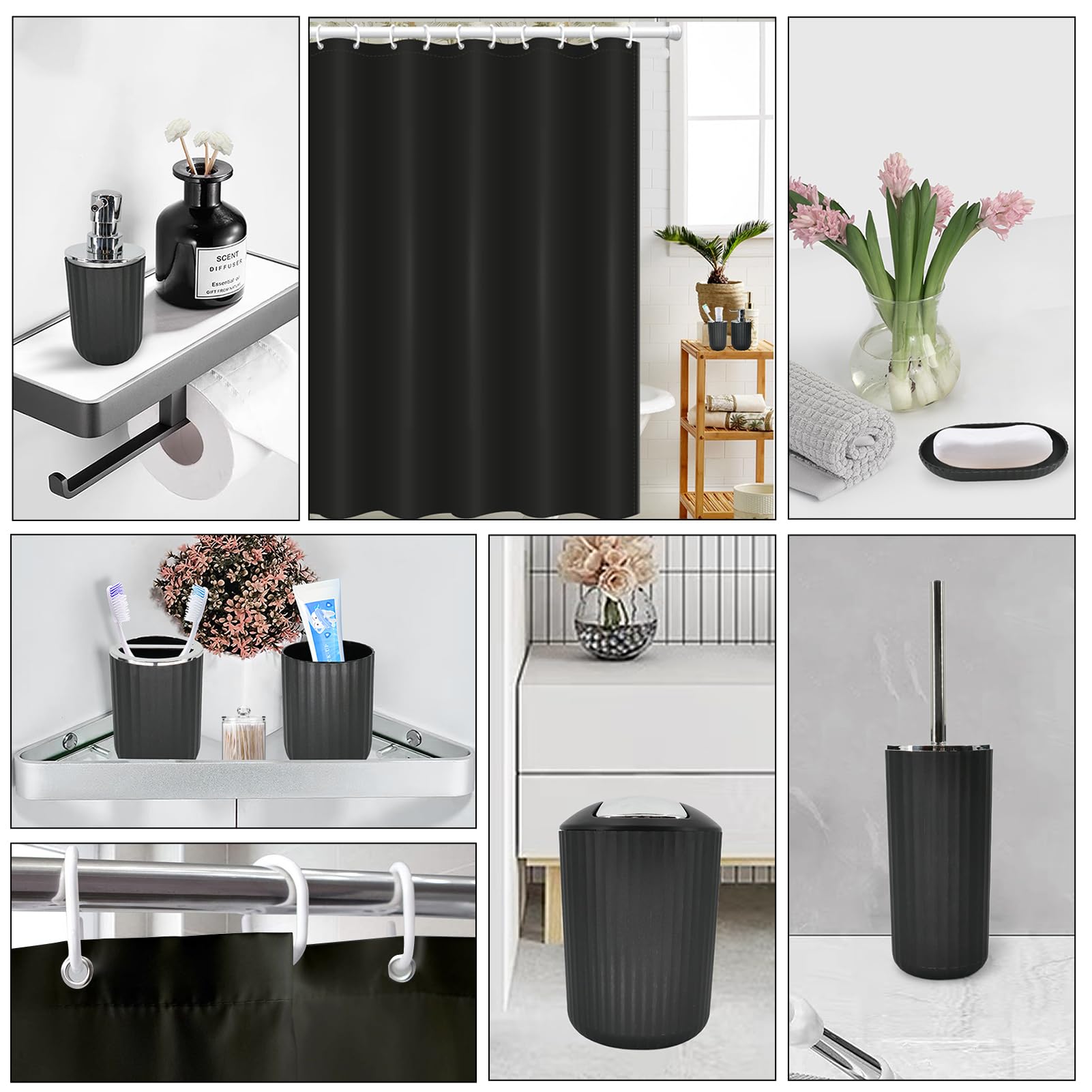 9-Piece Black Bathroom Accessories Set - Includes Trash Can, Shower Curtain, Vanity Tray, Soap Dispenser, Soap Dish, Toothbrush Holder & Cup, Toilet Brush | Modern Bath Decor for Home & Hotel Use