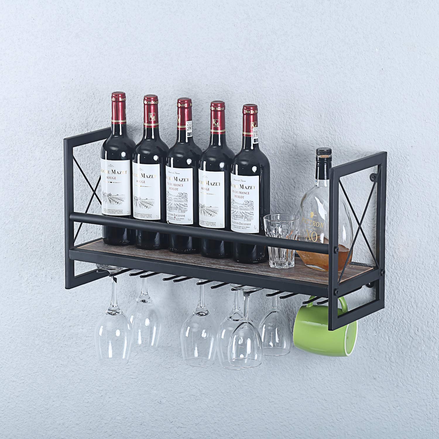 MBQQ Industrial Wall Mounted Wine Rack with Stemware Holders - 23.6 Inch Rustic Metal Hanging Wine Bottle Organizer with 7 Glass Holders & Wood Shelves - Perfect for Kitchen, Dining Room, Bar, and Home Decor