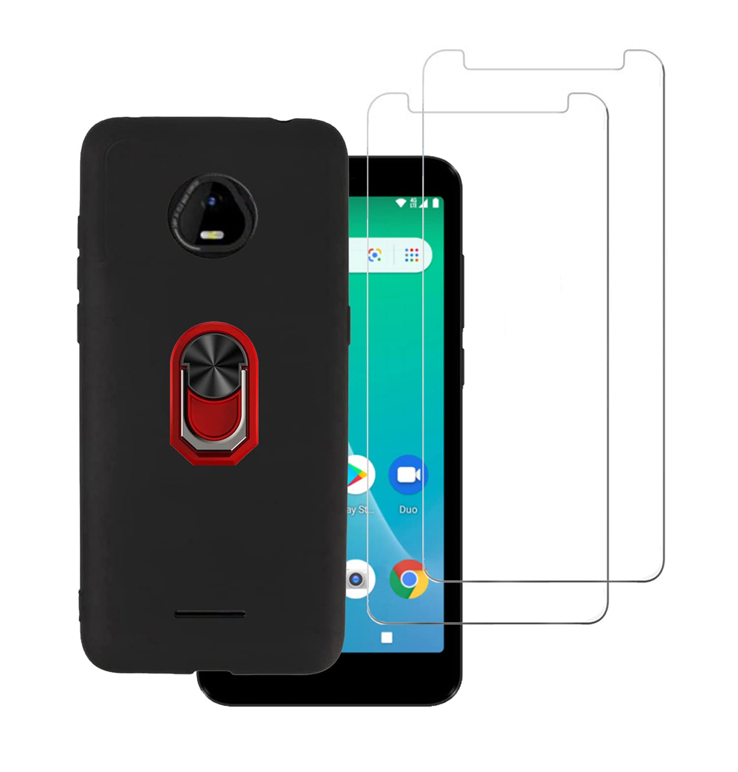 Premium 2-Pack Tempered Glass Screen Protector & Full Body Shockproof Case with Kickstand & 360 Ring Holder for SCHOK Volt SV55 SV55216 - Red | Perfect for Outdoor Activities, Work, and Everyday Protection