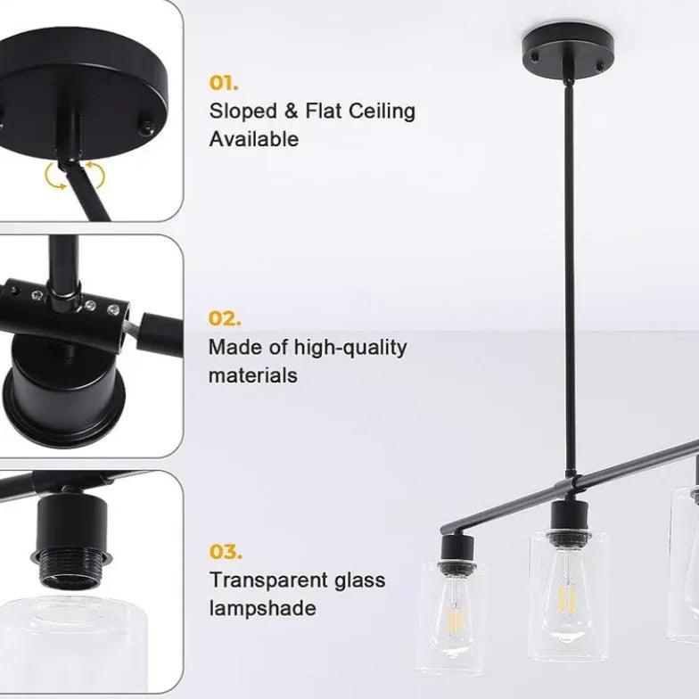 Modern Square Transparent Black Industrial Chandelier - Sleek Ceiling Light Fixture for Dining Room, Kitchen, or Living Room Decor