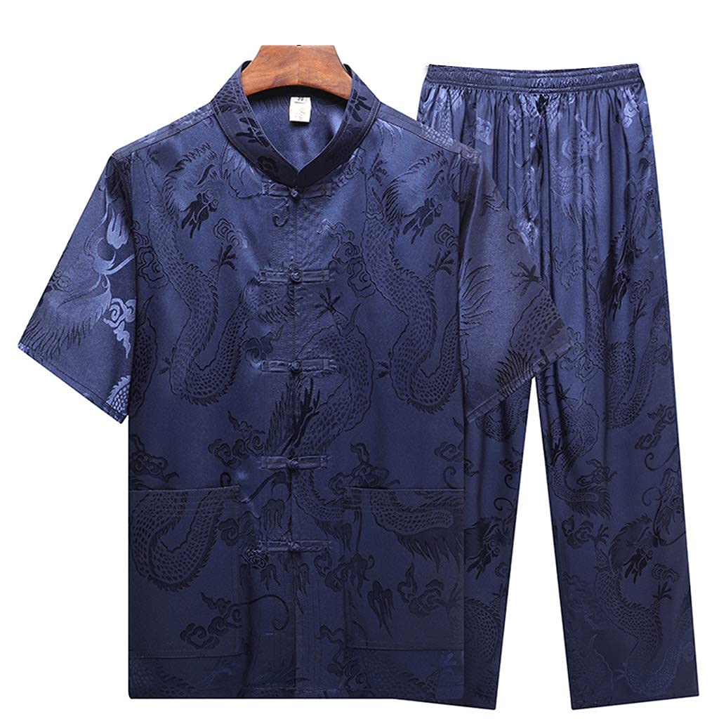 FMOGG Men's Traditional Chinese Kung Fu Tai Chi Uniform - Red Tang Suit Top & Pants Set for Martial Arts, Meditation & Cultural Events | Breathable Short Sleeve Jacket & Comfortable Hanfu Pants | Perfect Gift for Chinese Culture Enthusiasts