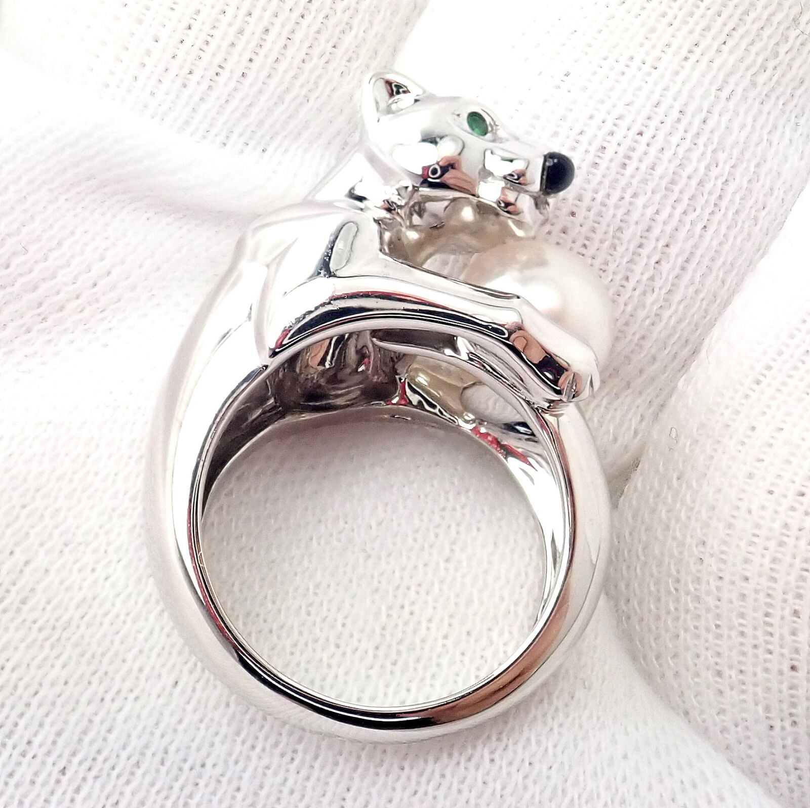 Authentic Cartier 18K White Gold Panther Panthere Ring with Onyx, Tsavorite & Pearl - Luxury Jewelry for Women, Perfect for Weddings, Anniversaries & Special Occasions