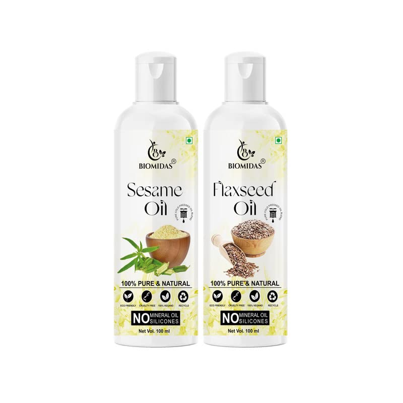 Biomidas 100% Pure Sesame Oil & Flaxseed Oil Combo (100ML Each) - Promotes Rapid Hair Growth, Reduces Hair Fall & Split Ends for Softer, Shinier Hair - Pack of 2 - Ideal for Daily Hair Care & Scalp Massage