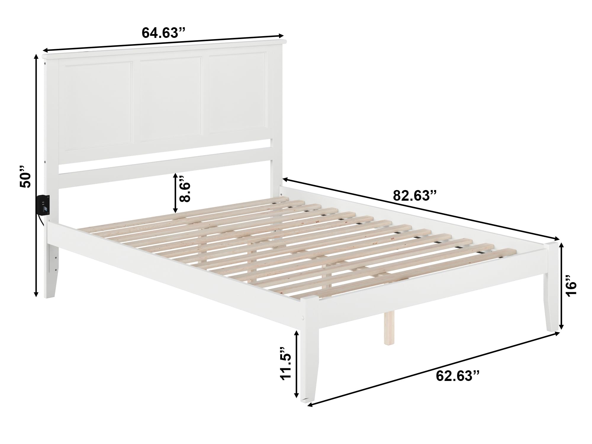 AFI Madison Queen Platform Bed Frame with USB Charging Ports - Modern White Wooden Bed with Storage & Headboard - Perfect for Bedrooms, Guest Rooms & Apartments