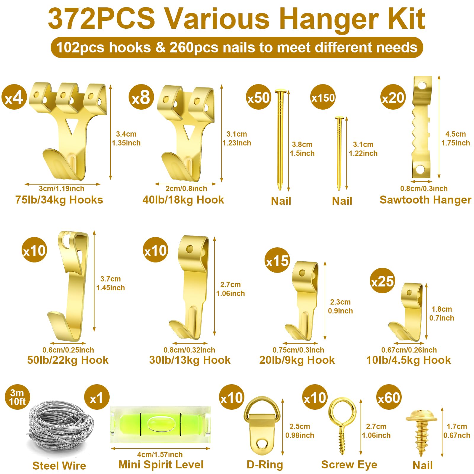 MAPVOLUT 372 PCS Heavy Duty Picture Hanging Kit - Includes Sawtooth Hangers, D Rings, Screw Eyes, Hooks, Nails & Level - Complete Wall Mounting Hardware for Frames, Mirrors & Artworks (Perfect for Home Decor, Gallery Display & Office Wall Organization)