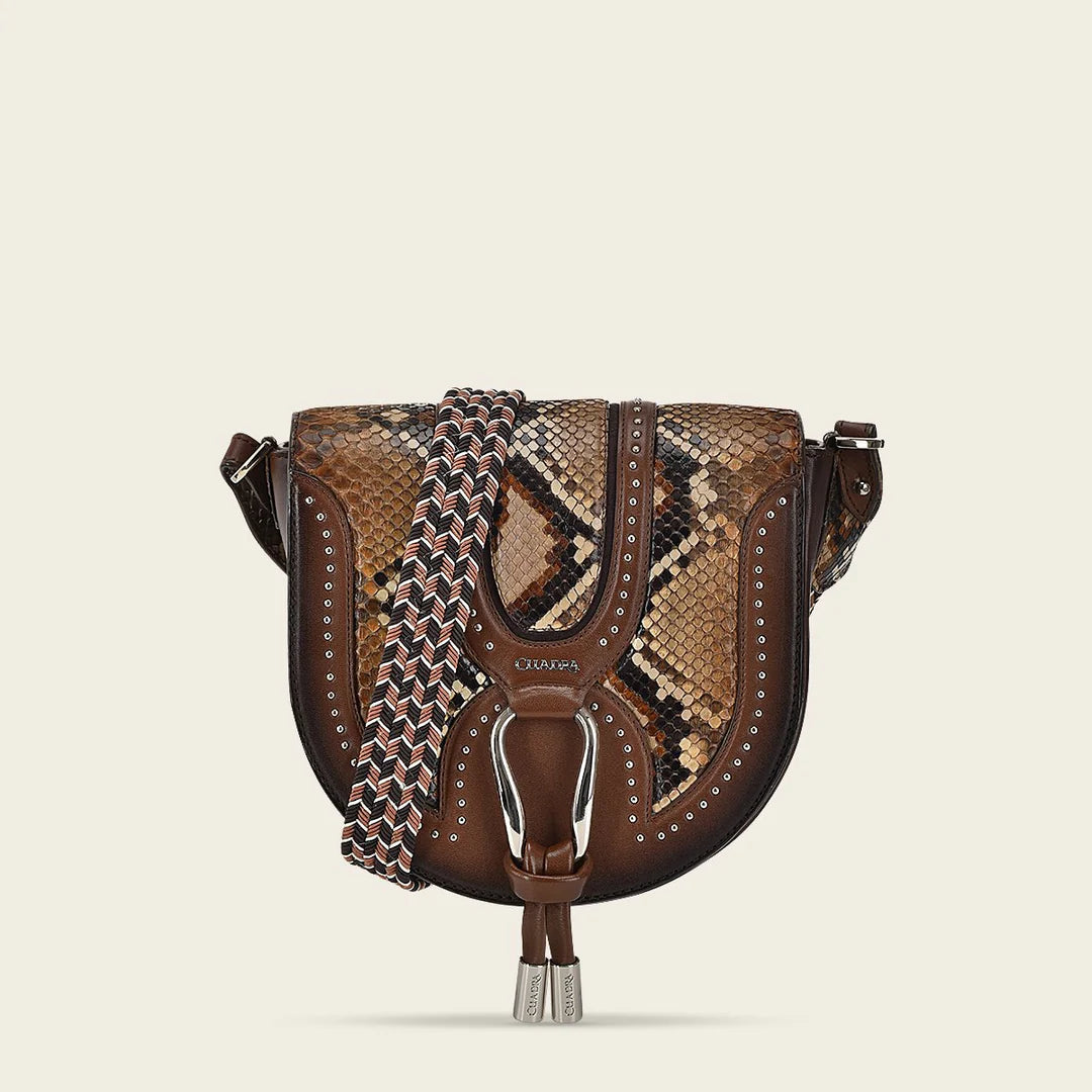 BOD97PH Women's Fashion Python Handbag in Cuadra Brown - Stylish Crossbody Purse for Work, Party & Evening Events