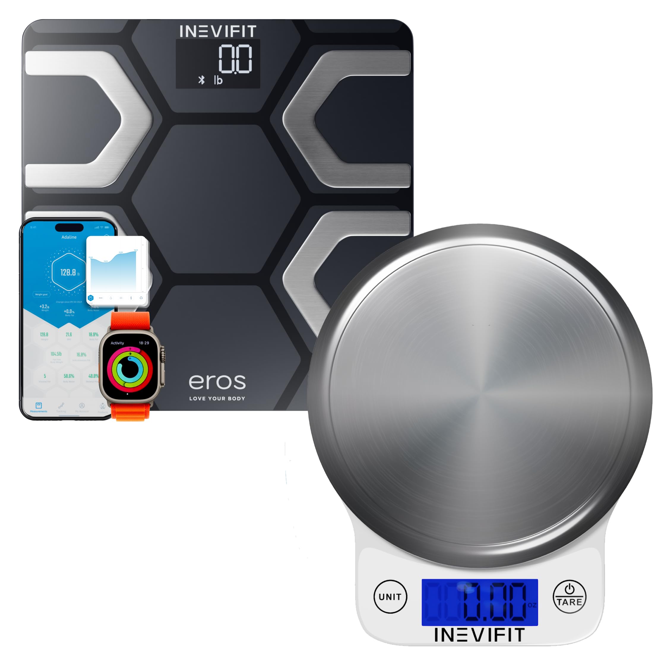 INEVIFIT EROS Smart Bluetooth Body Scale & Digital Food Scale Combo - Accurate Weight Tracking for Fitness & Cooking - Includes Batteries | Perfect for Home Gym, Kitchen & Health Monitoring